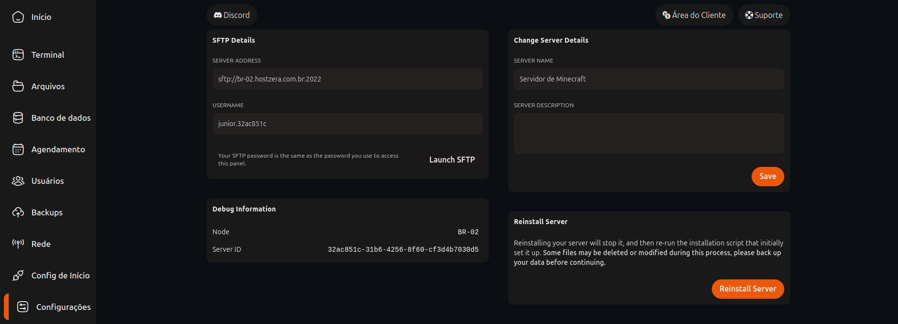 Painel de Controle da Hostzera